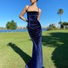 navy velvet gown with stylish straight neckline, thin straps, lace-up back and full sweeping train