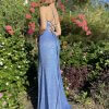 glitter gown with lace up back, padded bust, mermaid silhouette with a train and a front slit