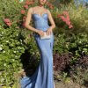 glitter gown with lace up back, padded bust, mermaid silhouette with a train and a front slit