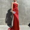 backless, one side single strap, high slit, curve hugging red formal gown