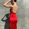 backless, one side single strap, high slit, curve hugging red formal gown