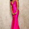 Fitted rhinestone jersey gown with a V-Neckline and a lace up back
