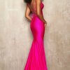 Fitted rhinestone jersey gown with a V-Neckline and a lace up back