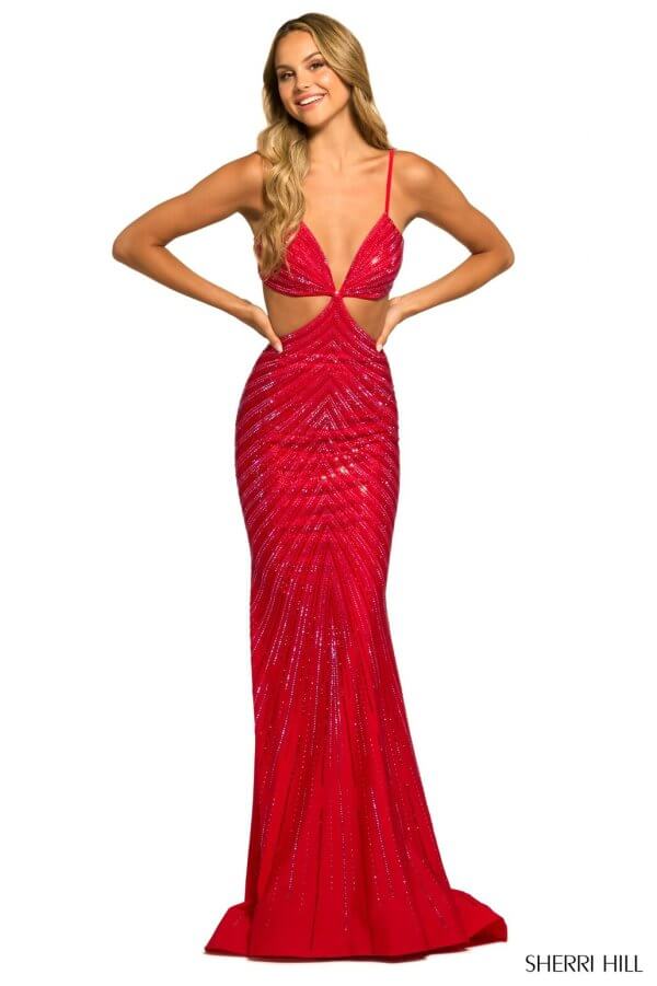 Hot fix fitted gown with plunging deep V neckline, side cuts, and open back