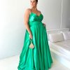 sweetheart neckline, spaghetti straps, and lace-up back, a-line silhouette, with pockets and slit emerald formal gown