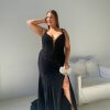 slim fit princess line silhouette, and deep v-neckline with chiffon detachable scarves black formal gown