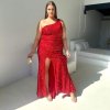 curve hugging red formal dress with sleeveless one shoulder, high slit and scoop neckline