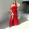 curve hugging red formal dress with sleeveless one shoulder, high slit and scoop neckline