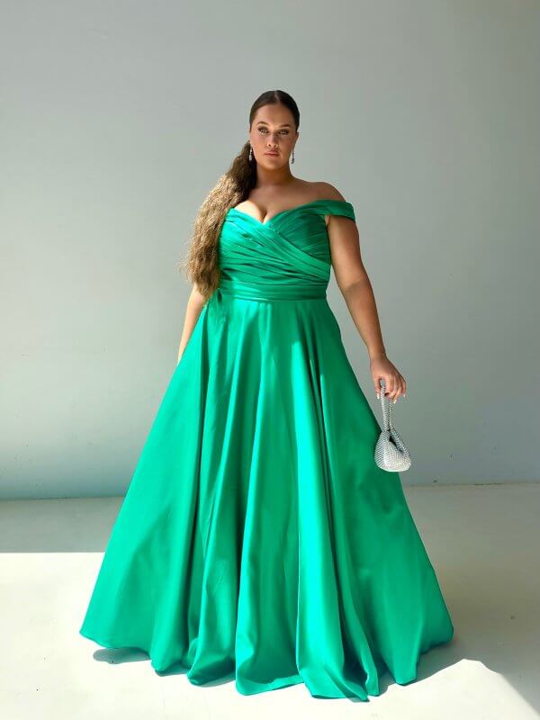 off-the-shoulder straps with elastic bang, v-back, pleated bodice, v-neckline emerald formal gown