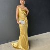 backless, one side single strap, high slit, curve hugging gold formal gown
