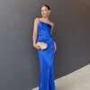 backless, one side single strap, high slit, curve hugging blue formal gown
