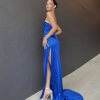 backless, one side single strap, high slit, curve hugging blue formal gown
