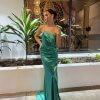 backless, one side single strap, high slit, curve hugging emerald formal gown