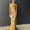 backless, one side single strap, high slit, curve hugging gold formal gown