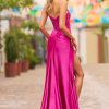 Strapless silky stretched satin gown with lace corset top, and high slit magenta formal gown