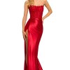 Strapless silky stretched satin gown with lace corset top, and high slit red formal gown
