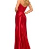 Strapless silky stretched satin gown with lace corset top, and high slit red formal gown