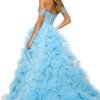 Shimmer tulle ballgown with corset bodice, off the shoulder sleeves, high slit and ruffle skirt