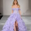Shimmer tulle ballgown with corset bodice, off the shoulder sleeves, high slit and ruffle skirt