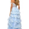 Tulle sequin A-Line gown with sheer corset bodice, off the shoulder straps and ruffle high slit skirt.