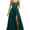 Sequin lace ballgown with lace up back and slit