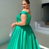 off-the-shoulder straps with elastic bang, v-back, pleated bodice, v-neckline emerald formal gown