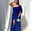 one-shoulder long sleeve, scoop neckline with high slit and train formal gown