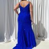 slim fit princess line silhouette, and deep v-neckline with chiffon detachable scarves blue formal gown