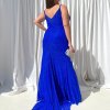 slim fit princess line silhouette, and deep v-neckline with chiffon detachable scarves blue formal gown