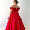 off-the-shoulder straps with elastic bang, v-back, pleated bodice, v-neckline red formal gown