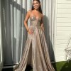 copper glitter formal gown with deep v neck illusion, high side slit, and spaghetti strap