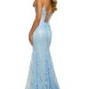 light blue formal gown sequin lace embellished gown with corset top and deep V illusion