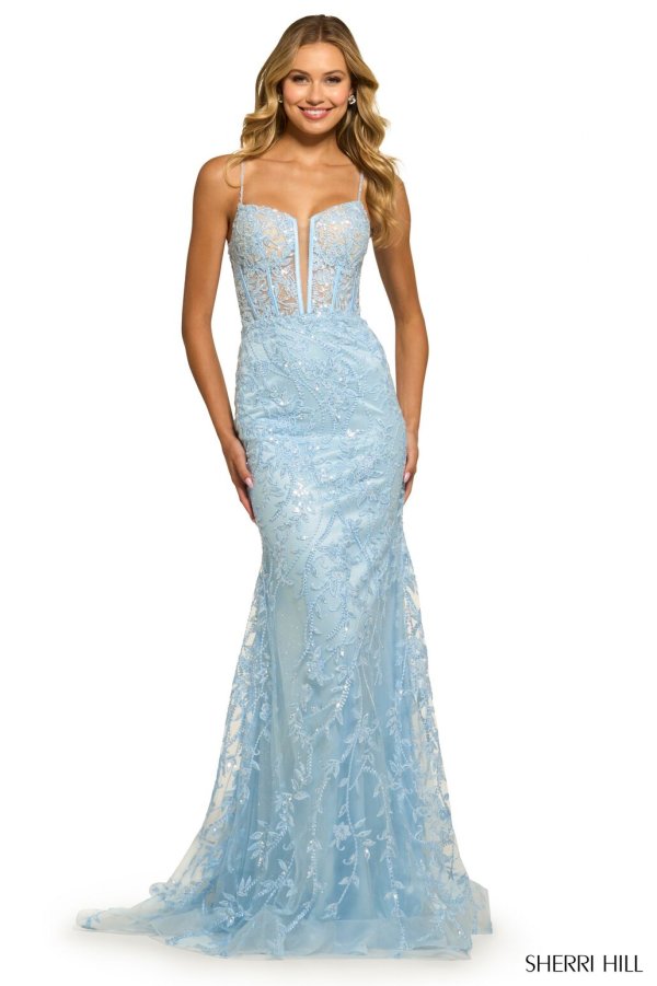 light blue formal gown sequin lace embellished gown with corset top and deep V illusion
