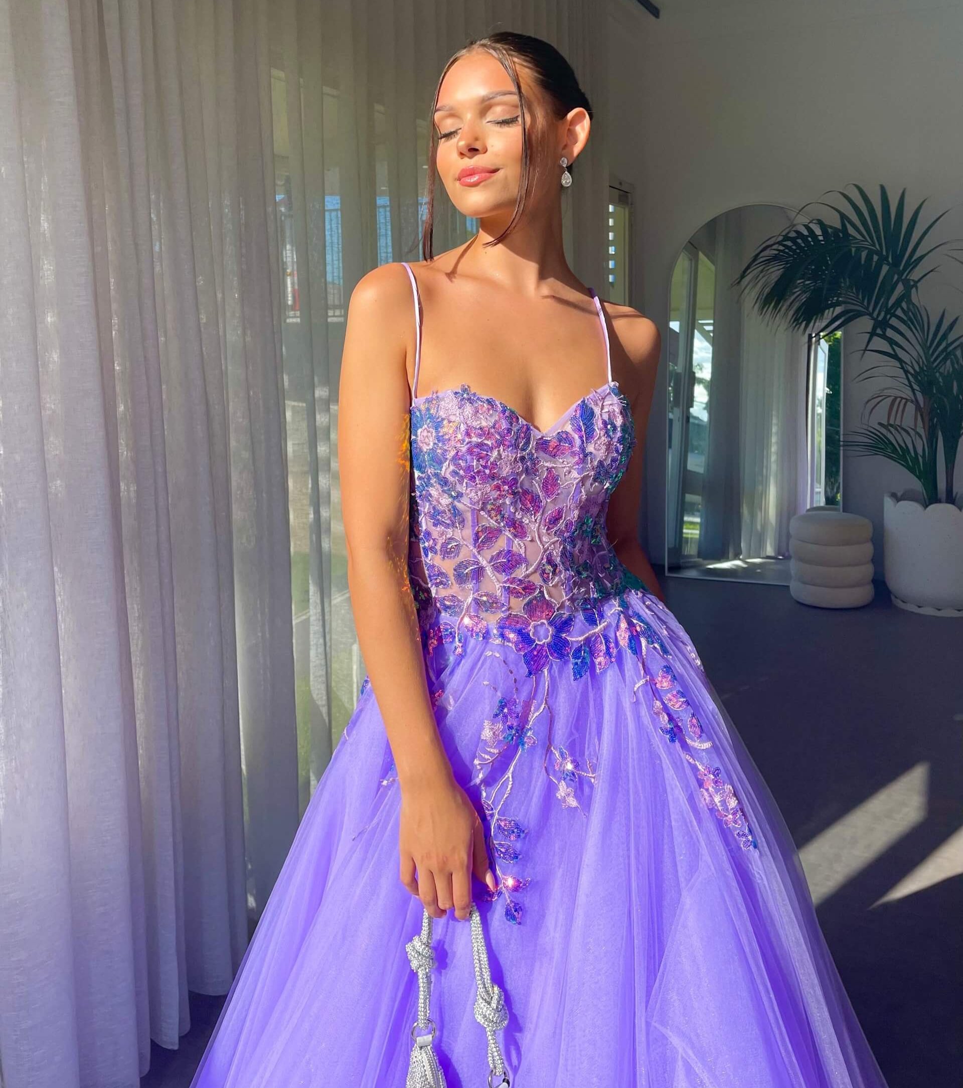 A-Line Round Neck Floor-Length Lilac Printed Prom/Evening Dress – Pgmdress