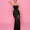 black formal gown in corset bodice, side split, strapless, fully lined and back zip