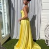 sweetheart neckline, high side slit, lace up back and deep V illusion yellow formal gown