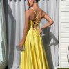 sweetheart neckline, high side slit, lace up back and deep V illusion yellow formal gown