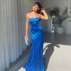 cobalt formal gown, lace up bodice with built in bust cups, form fitting, fully lined, leg slit