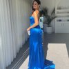 cobalt formal gown, lace up bodice with built in bust cups, form fitting, fully lined, leg slit