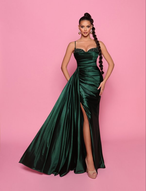 mermaid fitted gown with jewelled bodice, fabricated ruching, high leg split and a drape train on the side