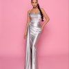 mermaid fitted gown with jewelled bodice, fabricated ruching, high leg split and a drape train on the side