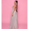 embedded lace bodice, strapless, lace up back, built in bra, fully lined formal gown