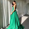 tube type with low v-neck, lace up back and high slit formal gown
