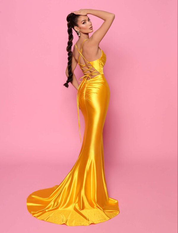 Tie up back, zipper at lower back, fully lined yellow jadore formal gown
