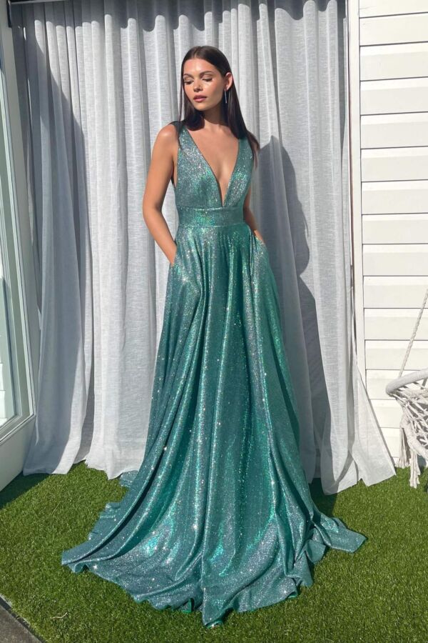 sage glitter gown with plunge neckline