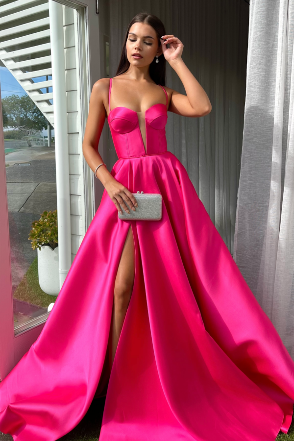 fuchsia formal gown with deep v neck illusion