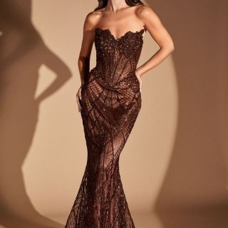 Taylor Gown in Espresso featuring a sweetheart corset bodice, intricate beaded embellishments, fitted mermaid silhouette and dramatic train.
