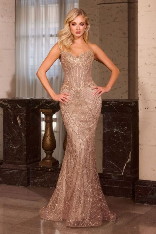 Taylor Gown in Mocha Gold featuring a sweetheart corset bodice, intricate beaded embellishments, fitted mermaid silhouette and dramatic train.
