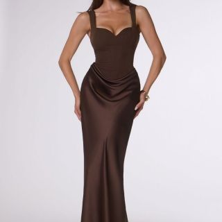 Hannah Gown in Brown satin featuring a structured corset bodice, sweetheart neckline, draped waist detail, fitted floor-length skirt and lace-up back.