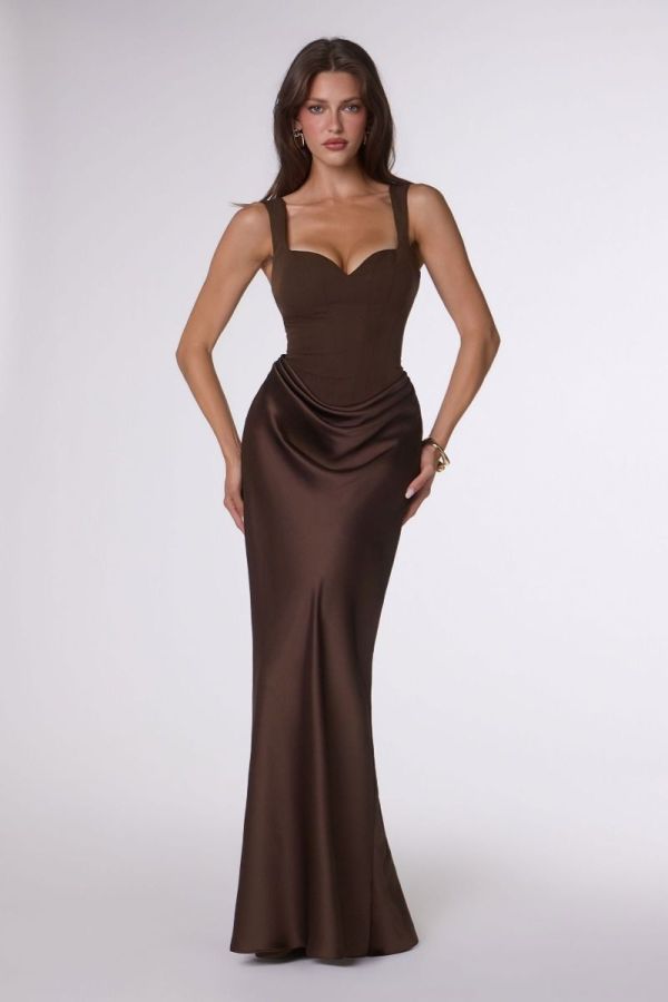 Hannah Gown in Brown satin featuring a structured corset bodice, sweetheart neckline, draped waist detail, fitted floor-length skirt and lace-up back.